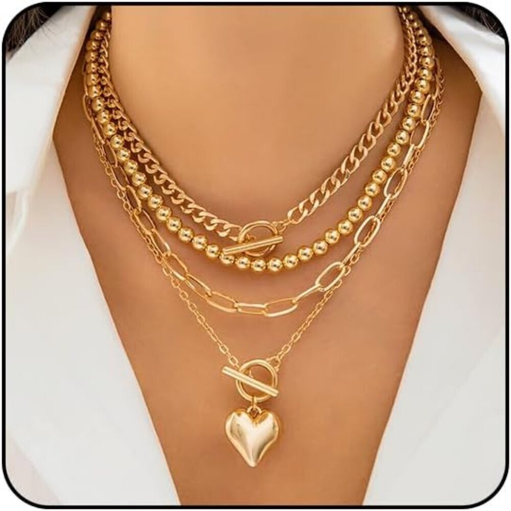 Women's Non Tarnish Chunky Necklace Stack Paperclip Chain Retro Coin Heart - Picture 1 of 9
